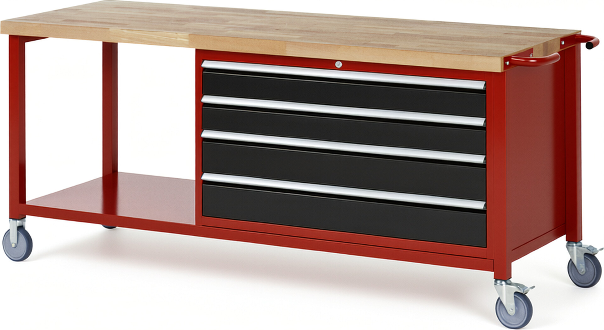 Fahrbare Werkbank Modell 8362 rot - schwarz, BxTxH 2000x700x880 mm,  Buche-Massiv Arbeitsplatte 40 mm,  4 Schubladen mit  Auszug 90 %