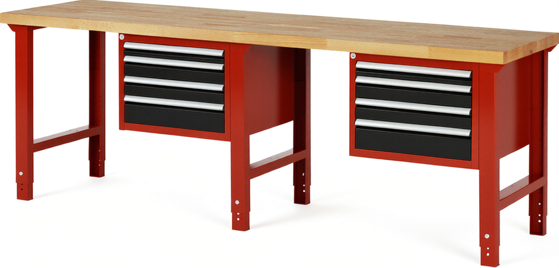 Werkbank Modell 7132 rot - schwarz, BxTxH 2500x700x790-1140 mm,  Buche-Massiv Arbeitsplatte 40 mm,  8 Schubladen mit  Vollauszug 100 % und  SoftClosing