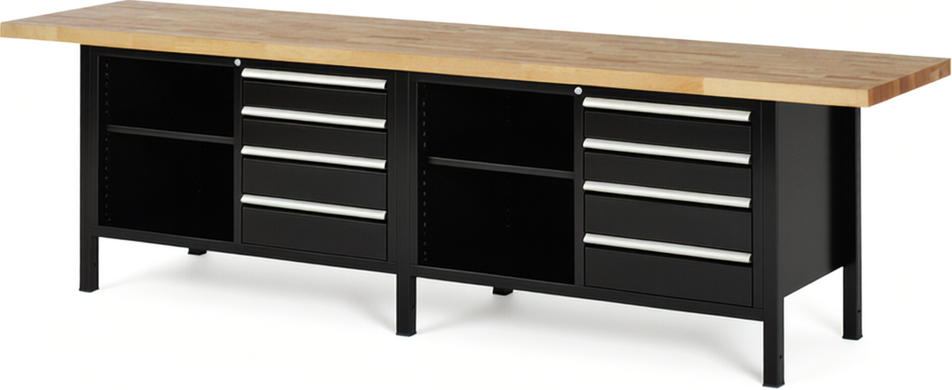 Werkbank Modell 8463 schwarz, BxTxH 3000x700x840-1040 mm,  Buche-Massiv Arbeitsplatte 40 mm,  8 Schubladen mit  Auszug 90 %