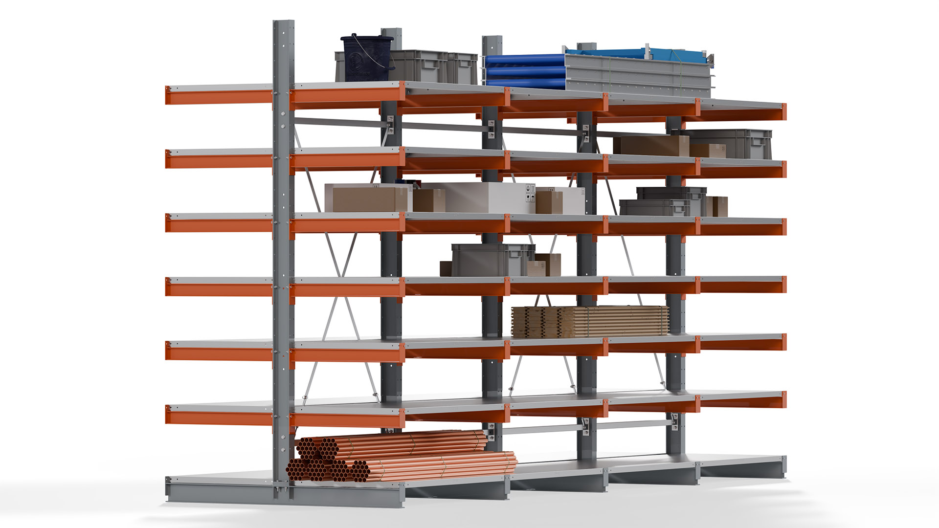 Kragarmregal KARL basic - lackiert - Breite: 512 cm - Höhe: 300 cm - Tiefe: 80 cm - Traglast je Kragarm: 550 kg - beidseitig