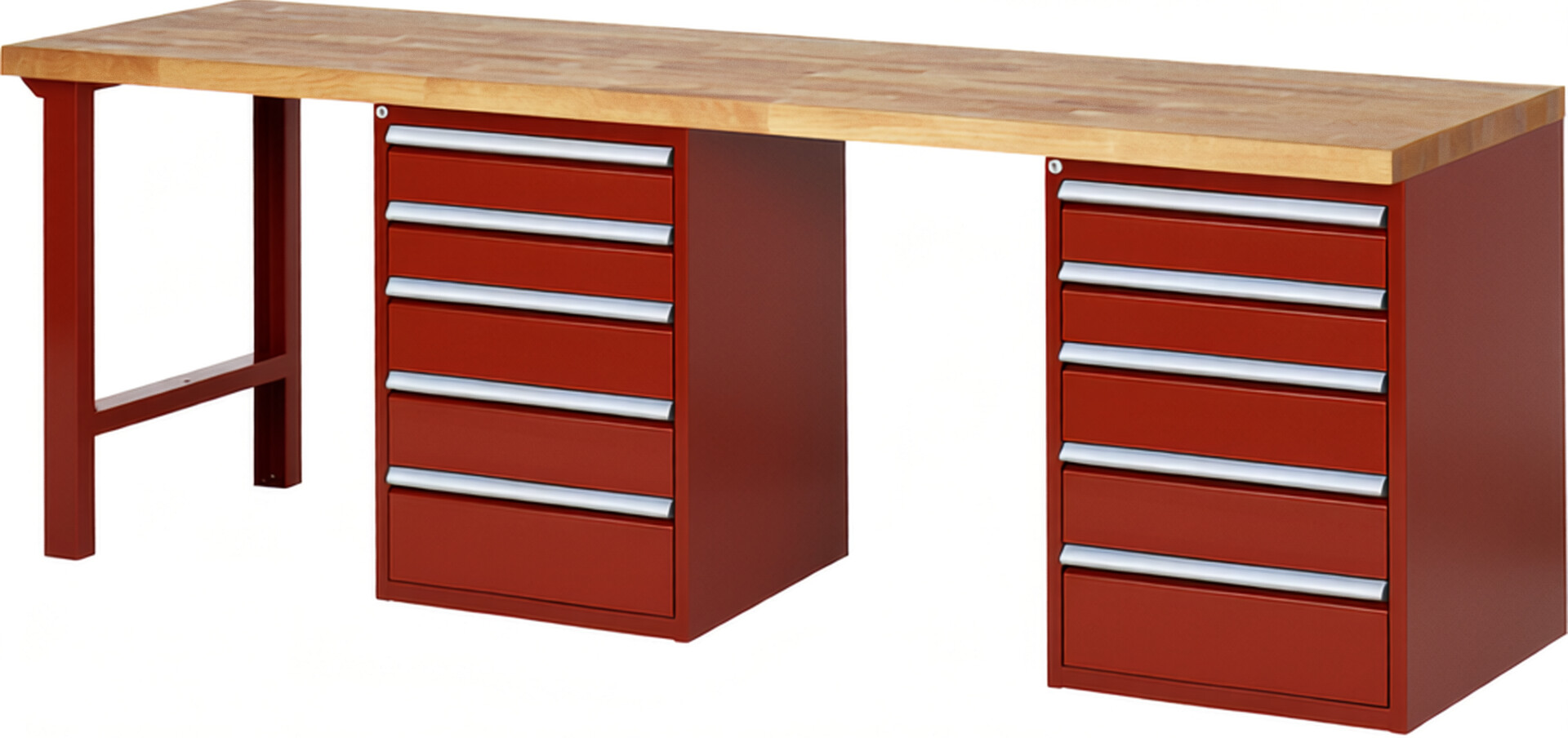 Werkbank Modell 7513 rot, BxTxH 2500x700x890 mm,  Buche-Massiv Arbeitsplatte 40 mm,  10 Schubladen mit  Auszug 90 %