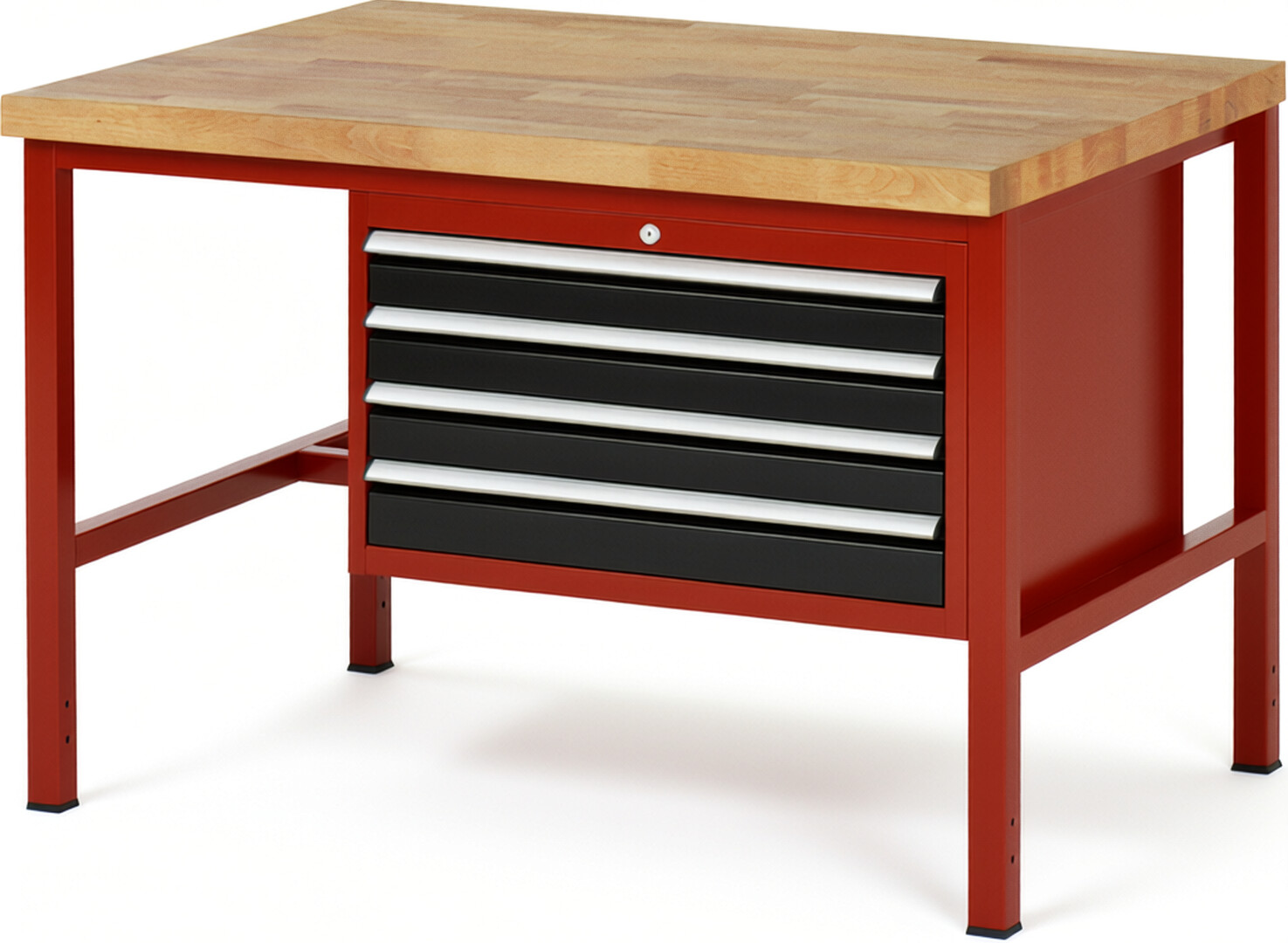 Werkbank Modell 8233 rot - schwarz, BxTxH 1250x900x840 mm,  Buche-Massiv Arbeitsplatte 40 mm,  4 Schubladen mit  Vollauszug 100 % und  SoftClosing