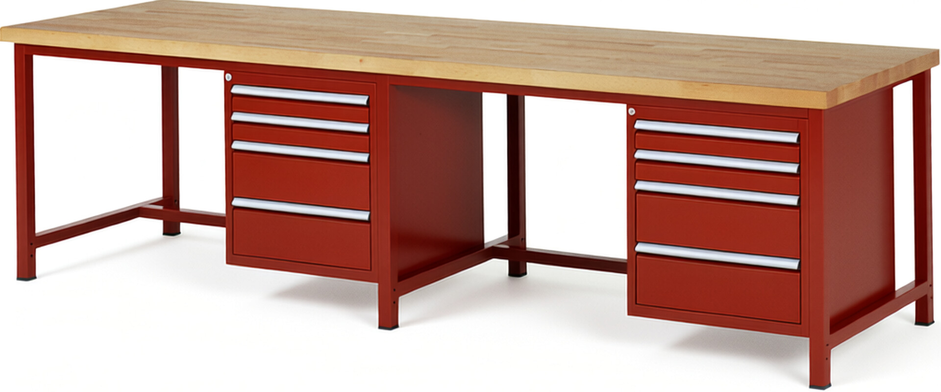 Werkbank Modell 8161 rot, BxTxH 3000x900x840 mm,  Buche-Massiv Arbeitsplatte 40 mm,  8 Schubladen mit  Auszug 90 %