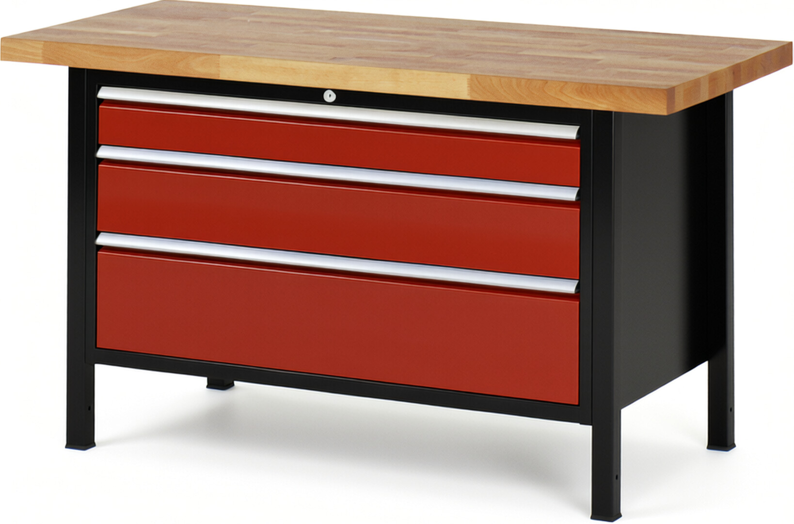 Werkbank Modell 8359 schwarz-rot, BxTxH 1500x700x840-1040 mm,  Buche-Massiv Arbeitsplatte 40 mm,  3 Schubladen mit  Vollauszug 100 % und  SoftClosing