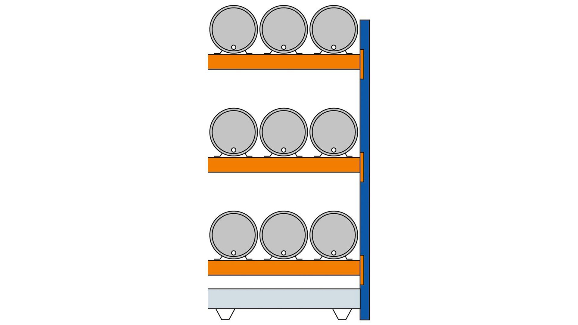 Fassregal, AF, für 9x60 l-Fässer, liegende Lagerung, mit Auffangwanne 285 l, BxTxH 1350x850x2500 mm