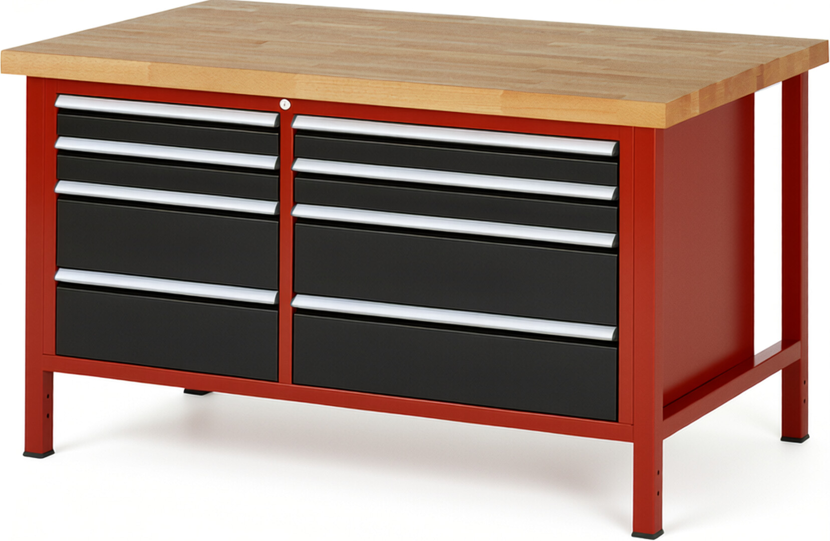 RAU Werkbank rot - schwarz - Breite 150 cm - Tiefe 90 cm - Höhe 104 cm - Buche-Massiv Arbeitsplatte 40 mm