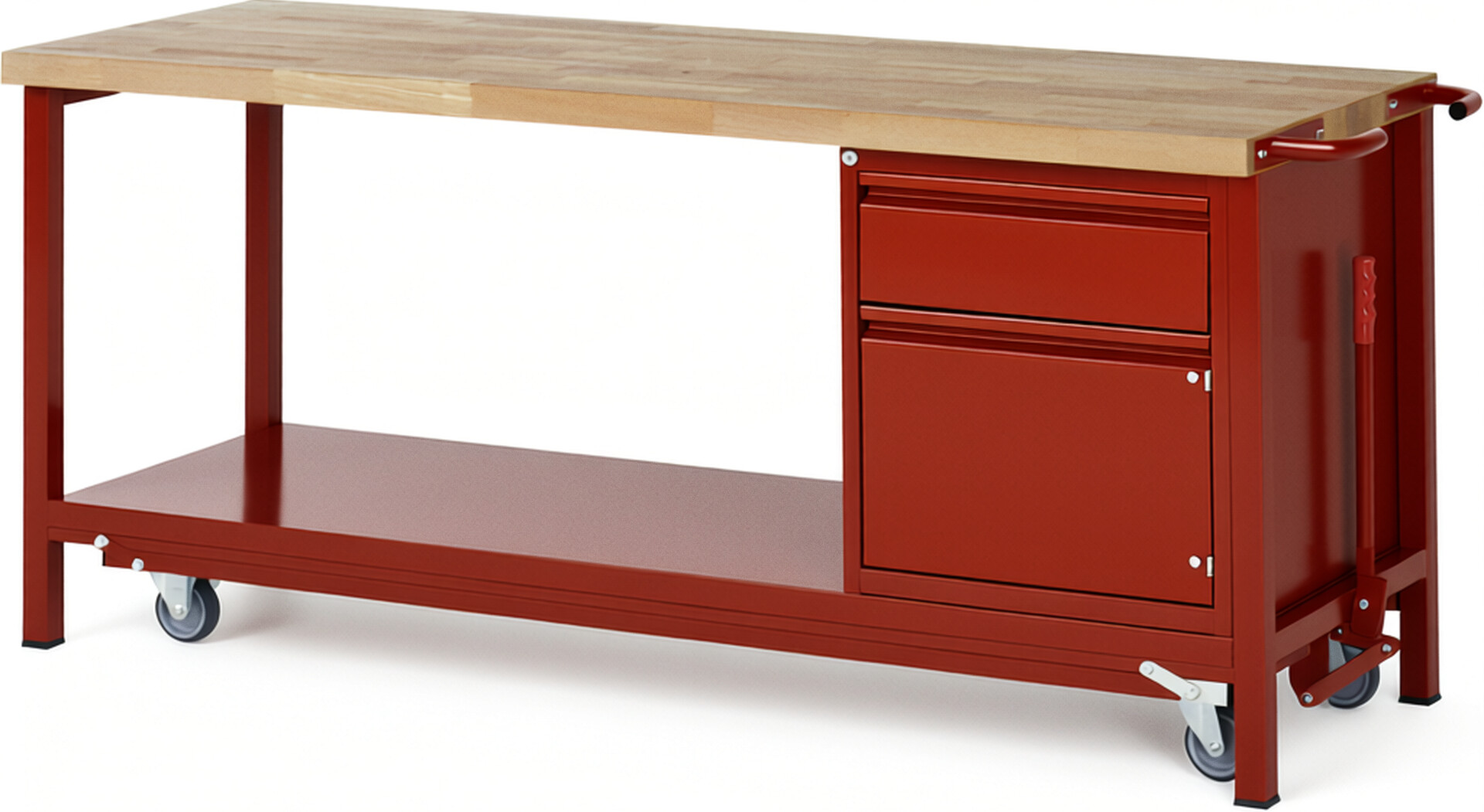 Absenkbare Werkbank - Modell 8152 BASIC rot, BxTxH 2000x700x880 mm,  Buche-Massiv Arbeitsplatte 40 mm,  1 Schublade mit  Auszug 90 %