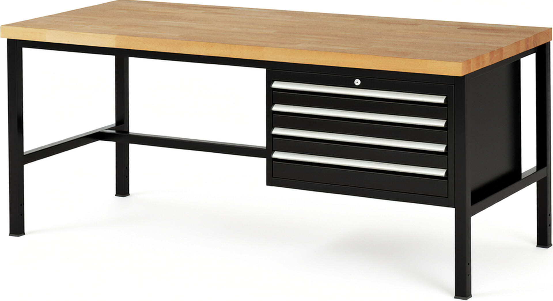 Werkbank Modell 8233 schwarz, BxTxH 2000x900x840-1040 mm,  Buche-Massiv Arbeitsplatte 40 mm,  4 Schubladen mit  Auszug 90 %