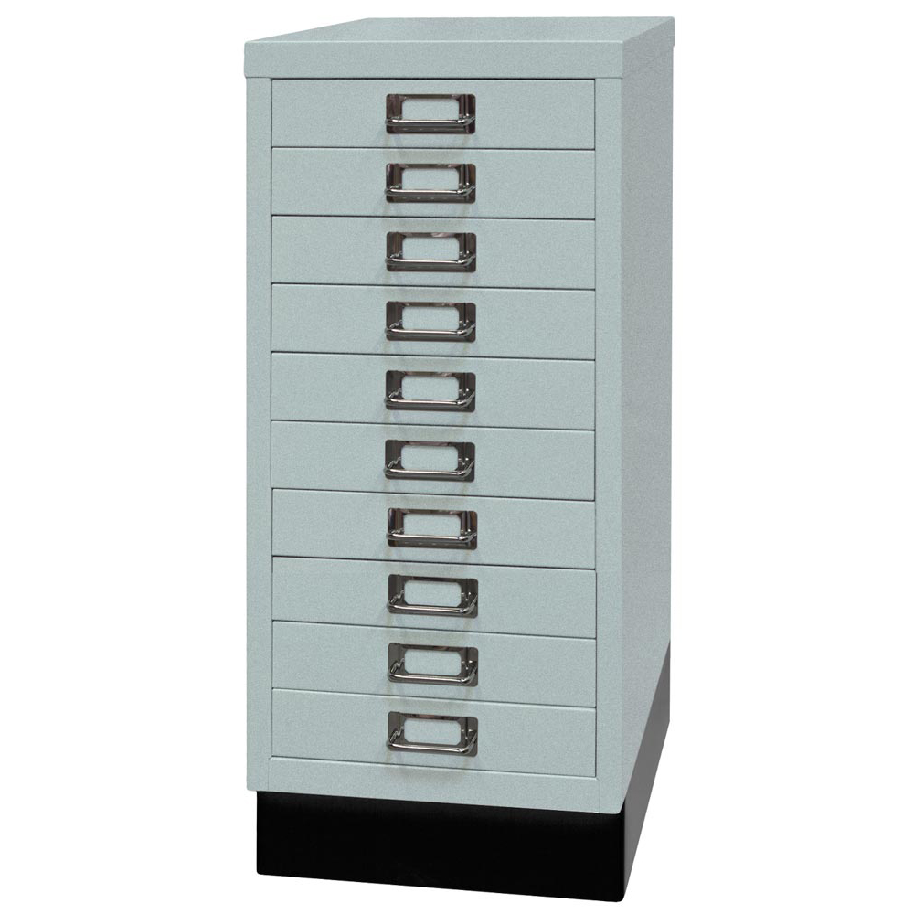 Schubladenschrank aus Stahl, BxTxH 279x380x670 mm, 10 Schubladen 51 mm, DIN A4, Sockel 80 mm hoch, silber