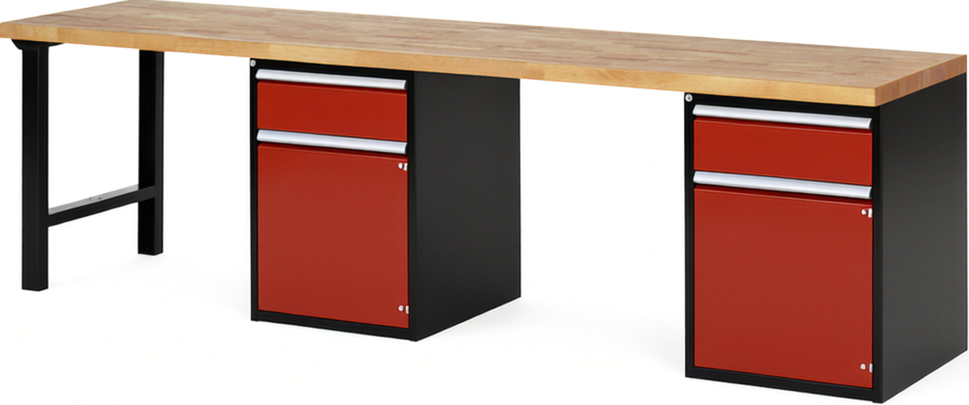 Werkbank Modell 7502 schwarz-rot, BxTxH 3000x700x840 mm,  Buche-Massiv Arbeitsplatte 40 mm,  2 Schubladen mit  Vollauszug 100 % und  SoftClosing