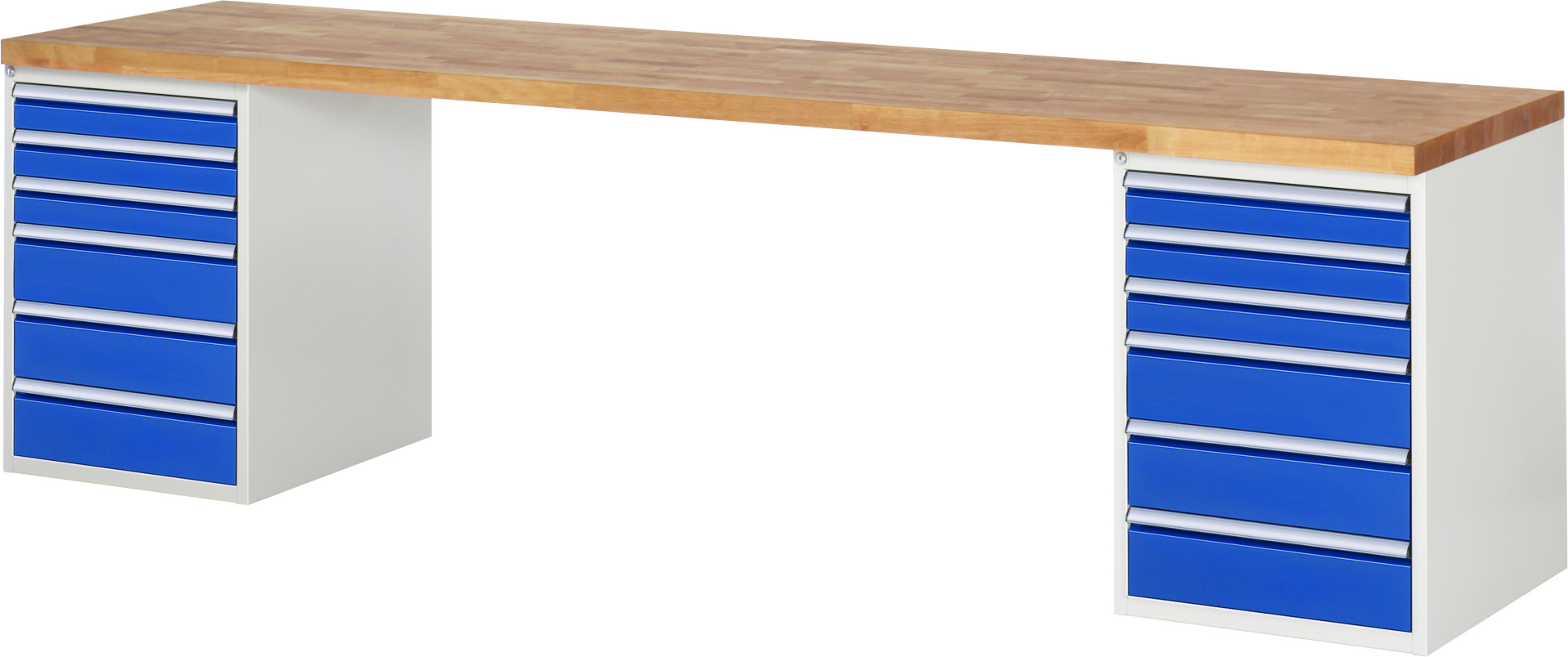 Werkbank Modell 7515 rot - schwarz, BxTxH 3000x700x840 mm,  Buche-Massiv Arbeitsplatte 40 mm,  12 Schubladen mit  Vollauszug 100 % und  SoftClosing