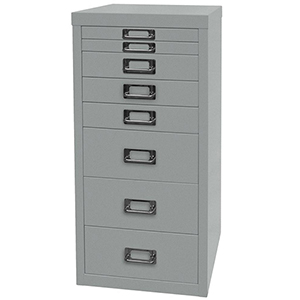 Schubladenschrank aus Stahl, BxTxH 279x380x590 mm, 8 Schubladen 2x25, 3x51, 3x102 mm, DIN A4, silber