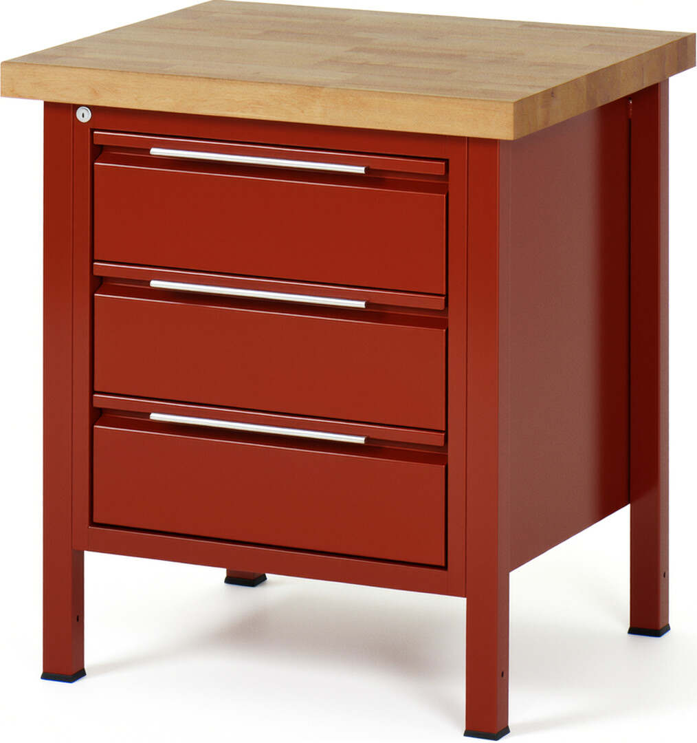 Werkbank rot, BxTxH 750x700x840-1040 mm, Platte Buche 40 mm, 6 Schubladen: 3x90 mm, 3x150 mm, RAL 3000/3000