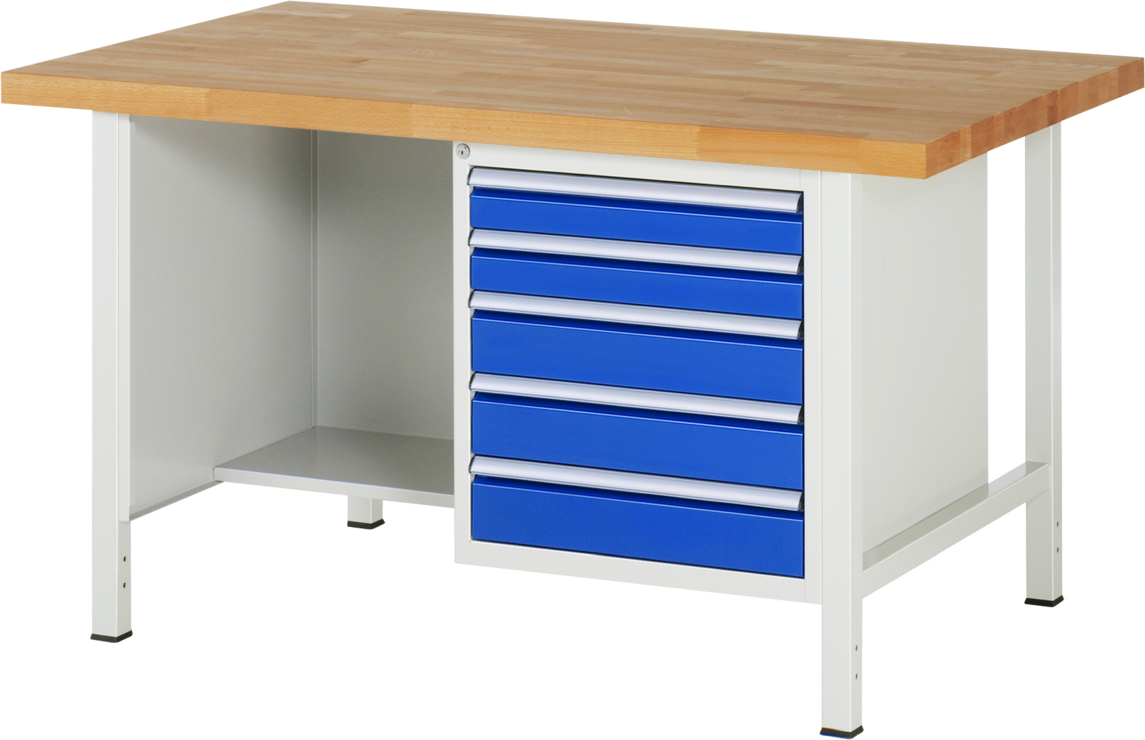 Werkbank Modell 8454,  BxTxH 1500x900x840 mm,  Buche-Massiv Arbeitsplatte 40 mm,  5 Schubladen mit  Auszug 90 %