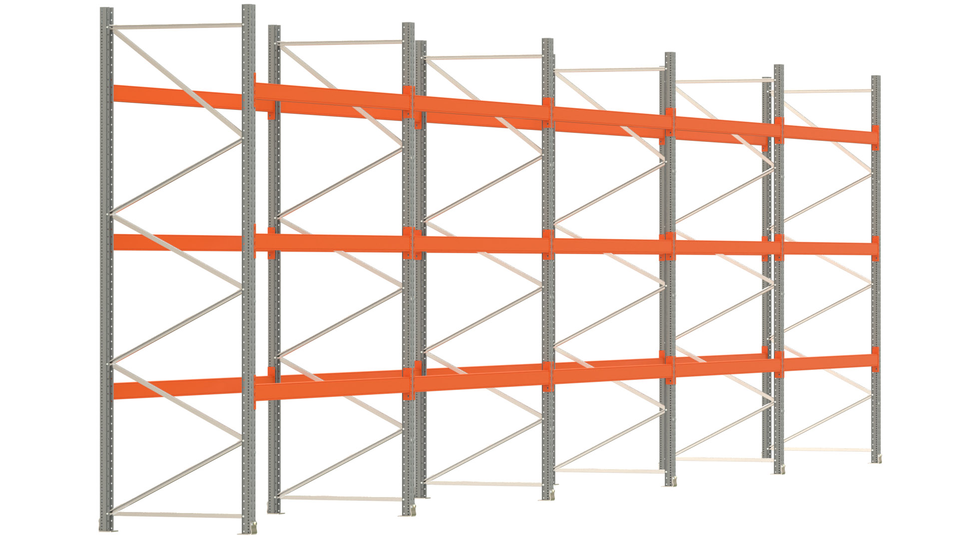 Palettenregal ARTUS - Breite 1401 cm - Höhe 350 cm - Tiefe 110 cm - 3 Träger-Ebenen - max. Fachlast 2100 kg - 60 Palettenstellplätze