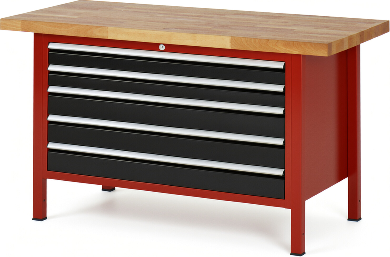 Werkbank Modell 8371 rot - schwarz, BxTxH 1500x700x840-1040 mm,  Buche-Massiv Arbeitsplatte 40 mm,  5 Schubladen mit  Vollauszug 100 % und  SoftClosing