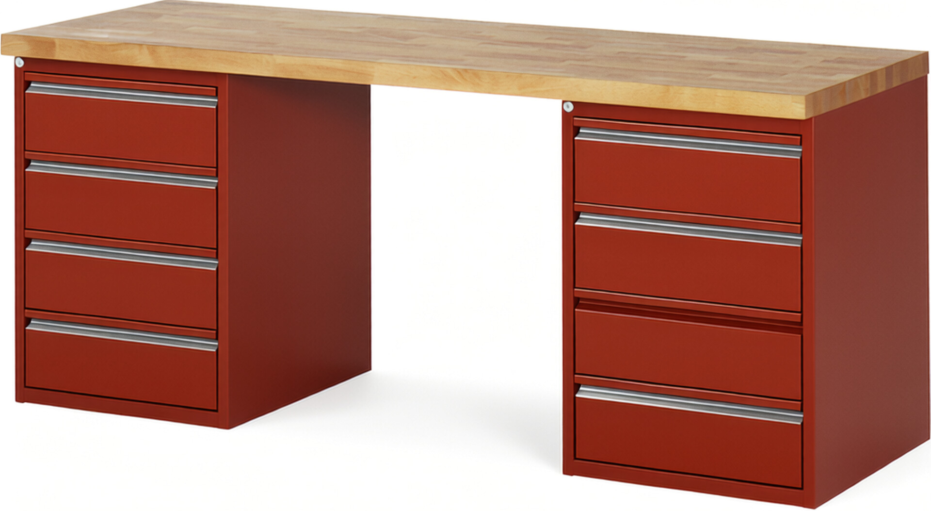 Werkbank - Modell 7509 BASIC rot, BxTxH 2000x700x890 mm,  Buche-Massiv Arbeitsplatte 40 mm,  8 Schubladen mit  Auszug 90 %