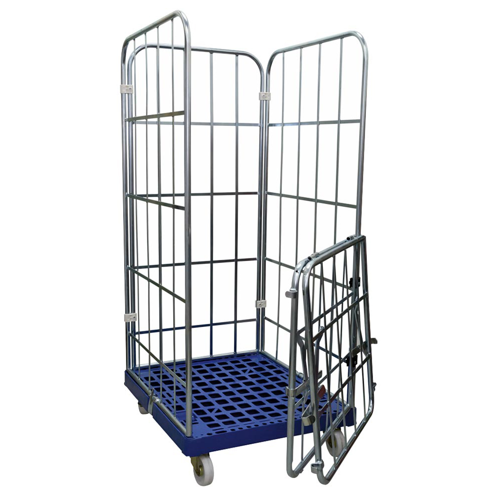 Rollbox, 4-seitig (halb abklappbare Vorderwand), Nutzhöhe 1460 mm, Traglast 500 kg, BxTxH 810x720x1640 mm, Bodenplatte aus HDPE, RAL 5010 enzianblau