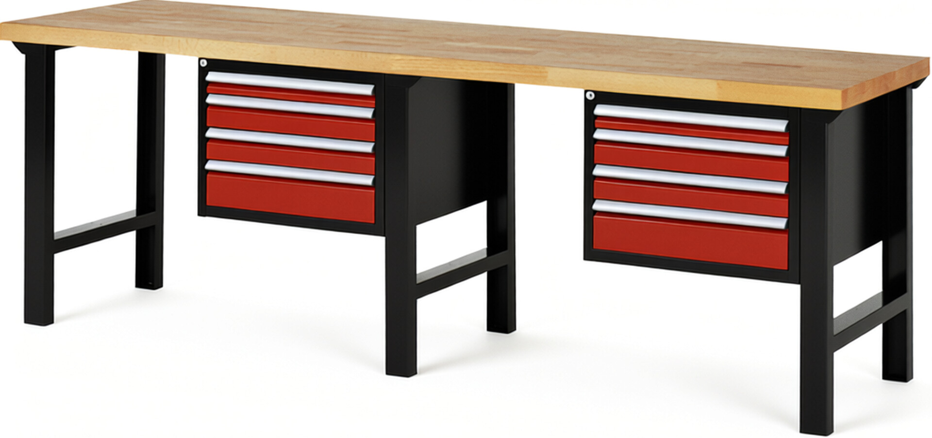 Werkbank Modell 7132 schwarz-rot, BxTxH 2500x700x840 mm,  Buche-Massiv Arbeitsplatte 40 mm,  8 Schubladen mit  Auszug 90 %