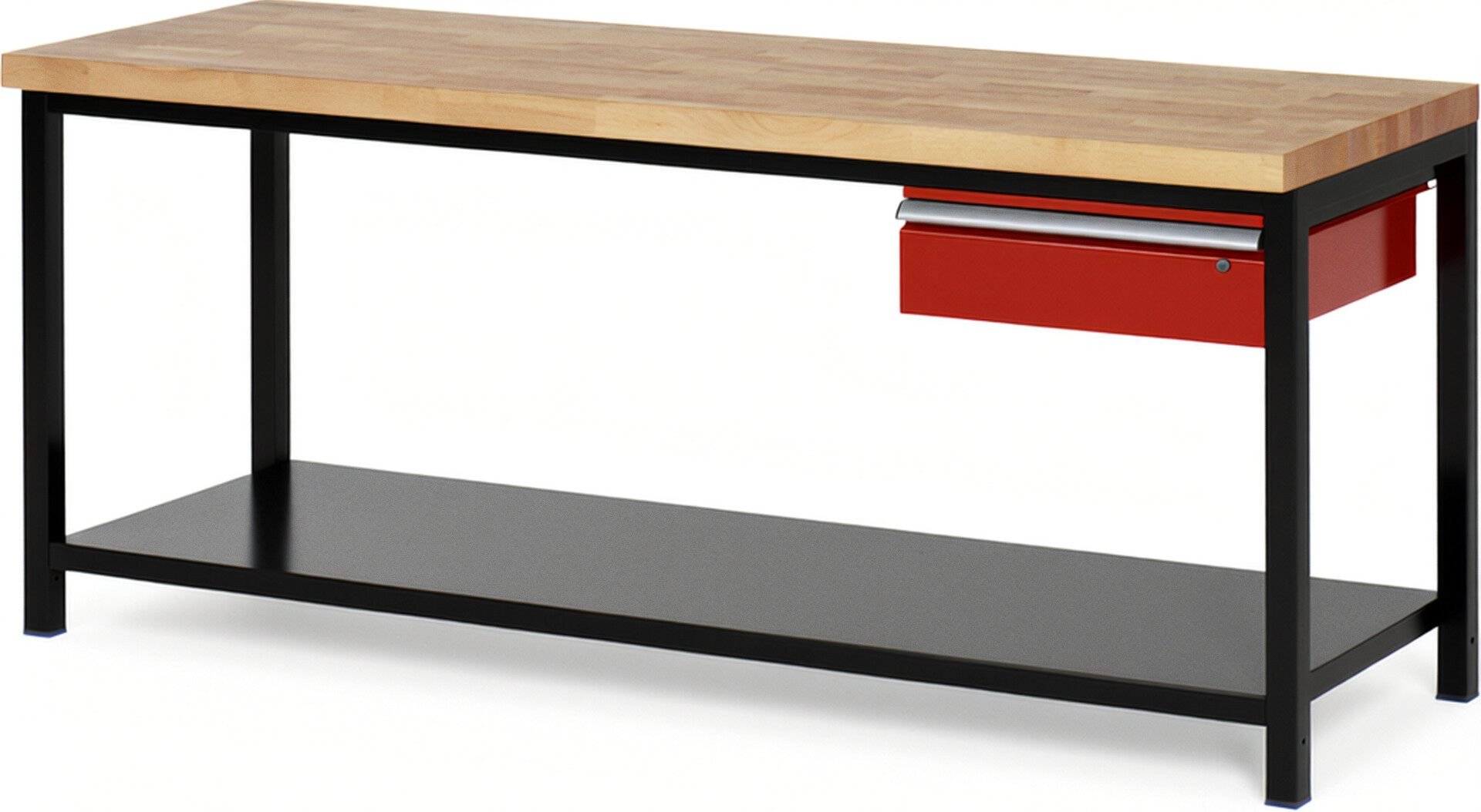 RAU Werkbank schwarz - rot - Breite 200 cm - Tiefe 70 cm - Höhe 104 cm - Buche-Massiv Arbeitsplatte 40 mm