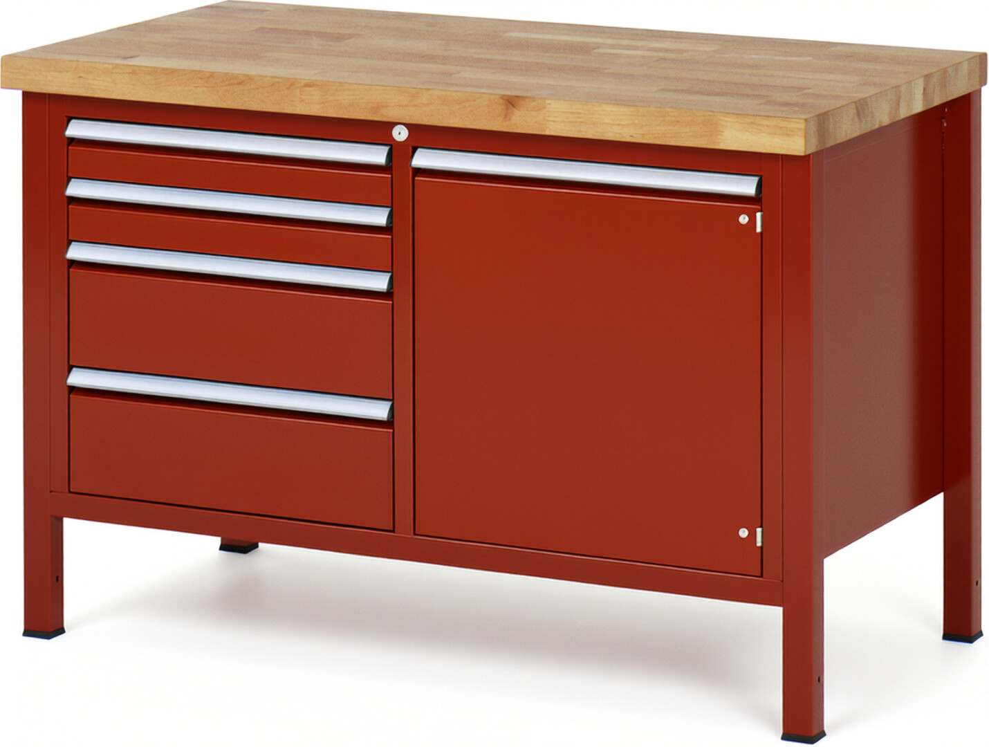 Werkbank Modell 8470 rot, BxTxH 1250x700x840-1040 mm,  Buche-Massiv Arbeitsplatte 40 mm,  4 Schubladen mit  Auszug 90 %