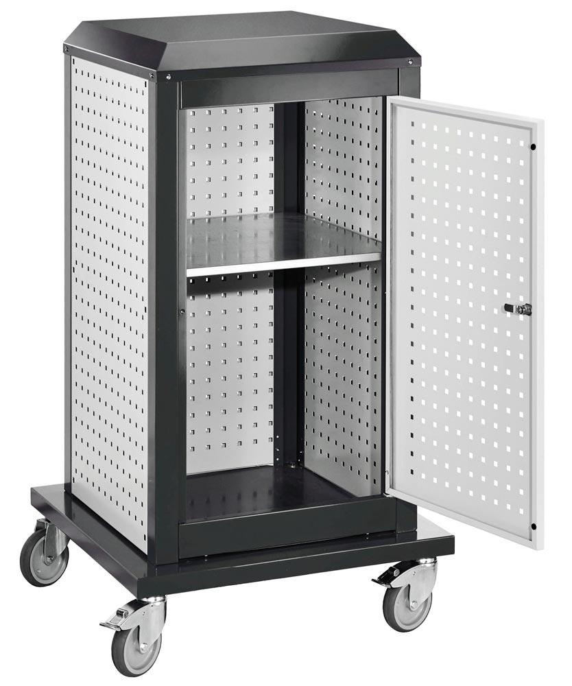 Tool-Tower klein, BxTxH 700x700x1260 mm, mobil, 3 Lochplatten außen, 2 Lochplatten innen, 1 Tür, RAL 7016/7035