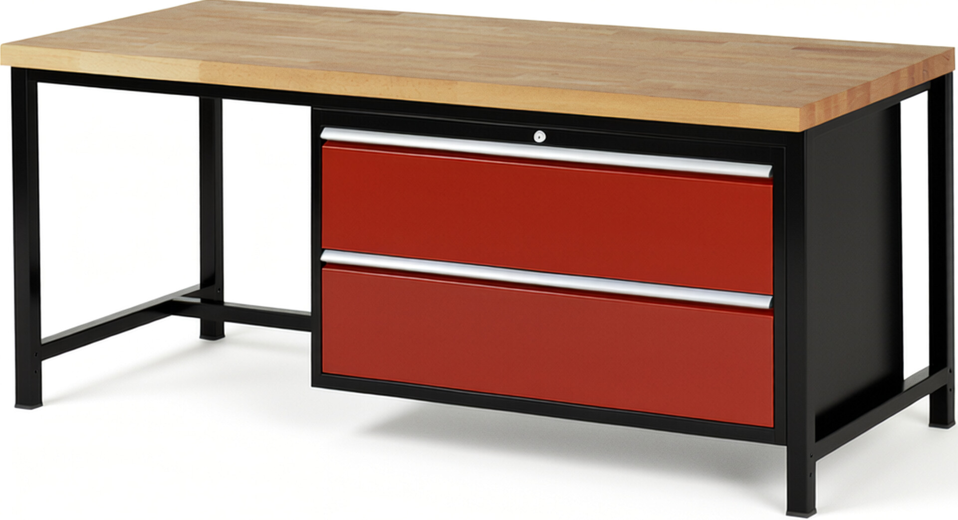 RAU Werkbank schwarz - rot - Breite 200 cm - Tiefe 90 cm - Höhe 104 cm - Buche-Massiv Arbeitsplatte 40 mm