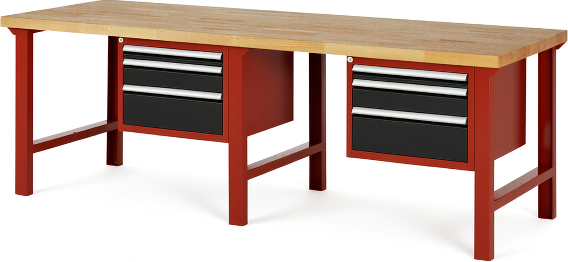 RAU Werkbank rot - schwarz - Breite 250 cm - Tiefe 90 cm - Höhe 84 cm - Buche-Massiv Arbeitsplatte 40 mm