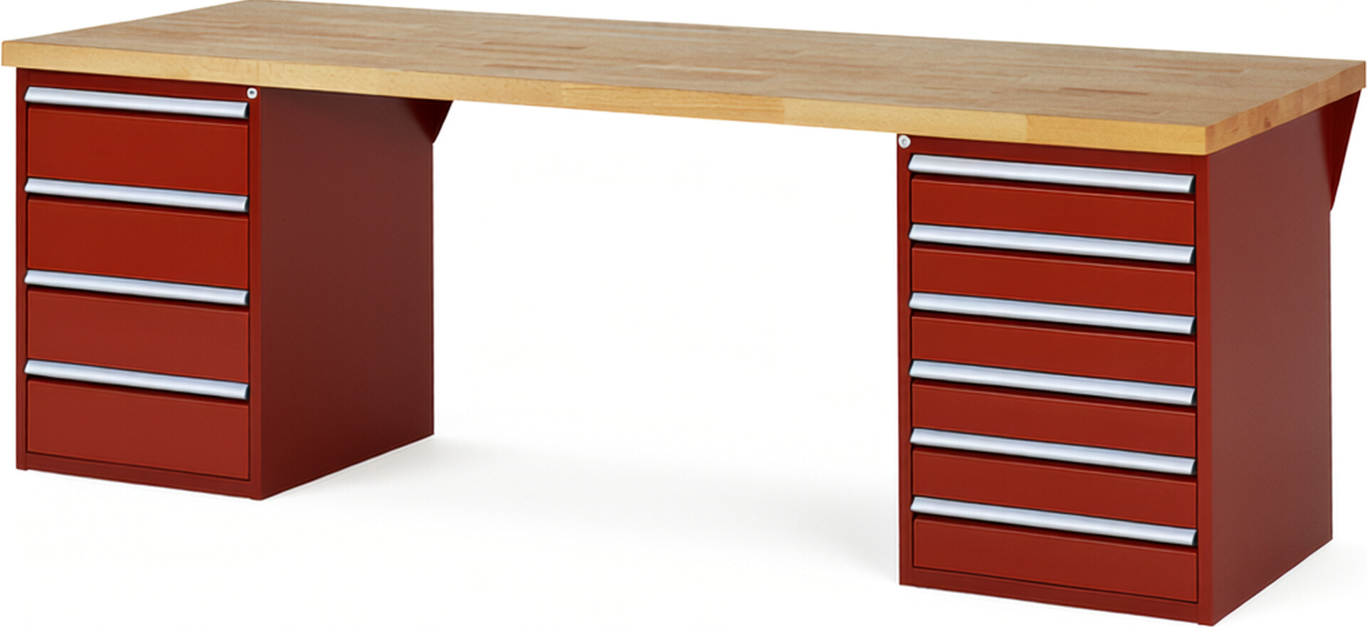 RAU Werkbank rot - Breite 250 cm - Tiefe 90 cm - Höhe 89 cm - Buche-Massiv Arbeitsplatte 40 mm