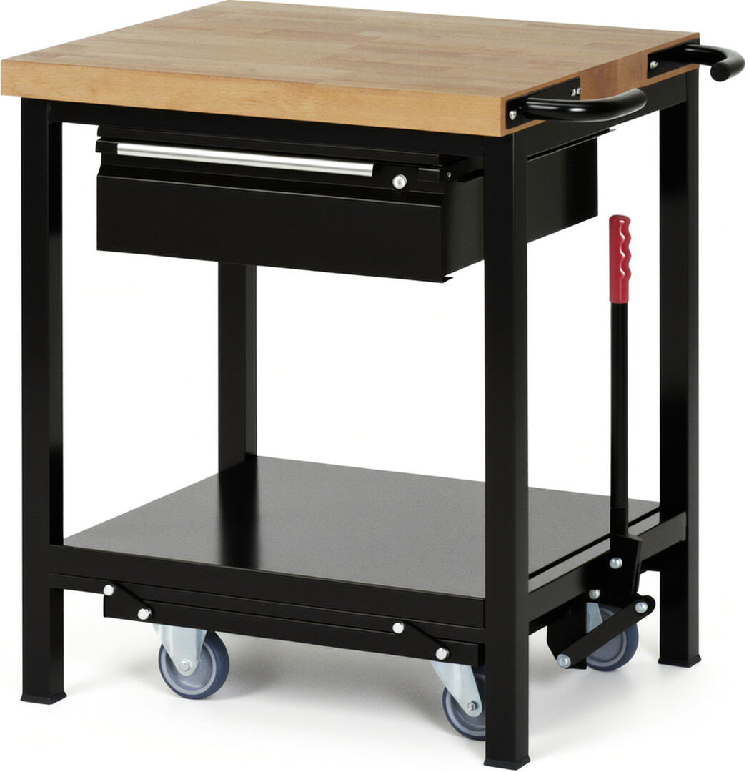 Absenkbare Werkbank - Modell 8001 BASIC schwarz, BxTxH 750x700x880 mm,  Buche-Massiv Arbeitsplatte 40 mm,  1 Schublade mit  Auszug 90 %