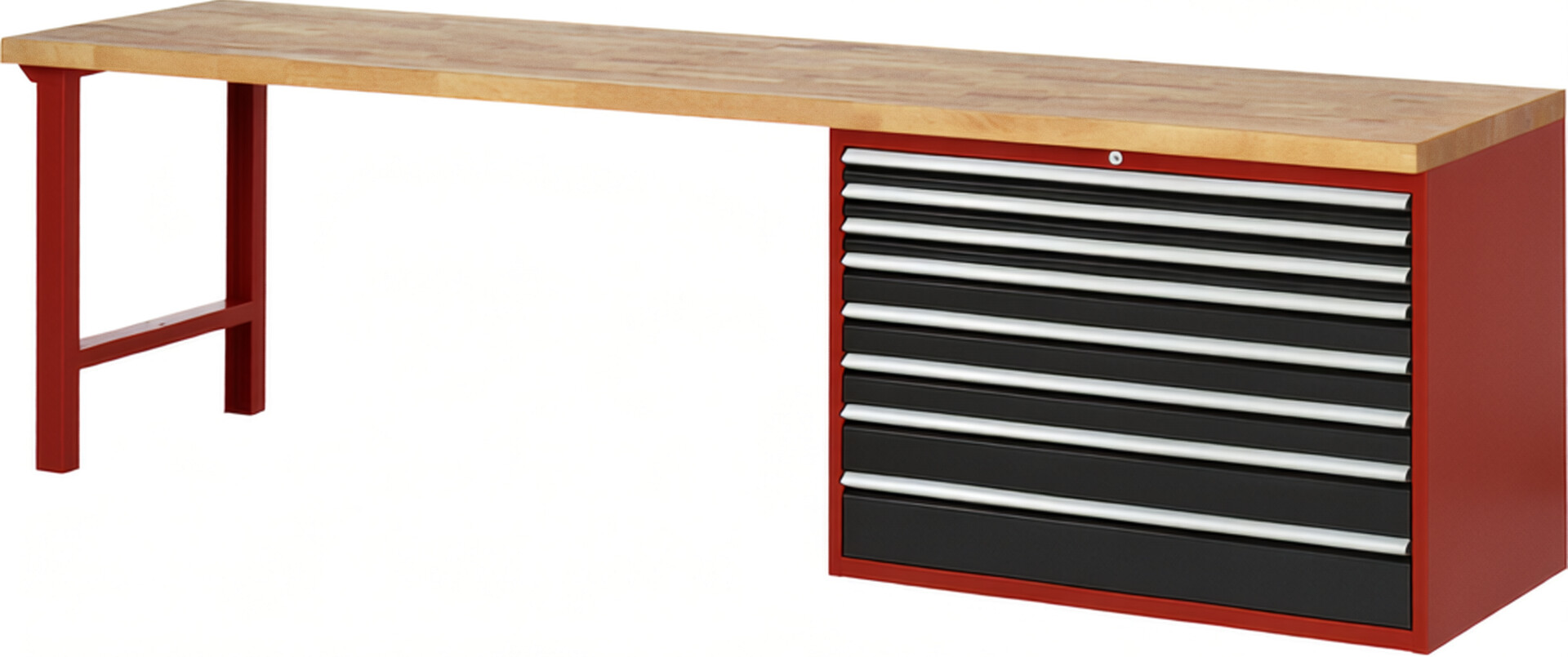 Werkbank Modell 7719 rot - schwarz, BxTxH 3000x700x840 mm,  Buche-Massiv Arbeitsplatte 40 mm,  8 Schubladen mit  Auszug 90 %