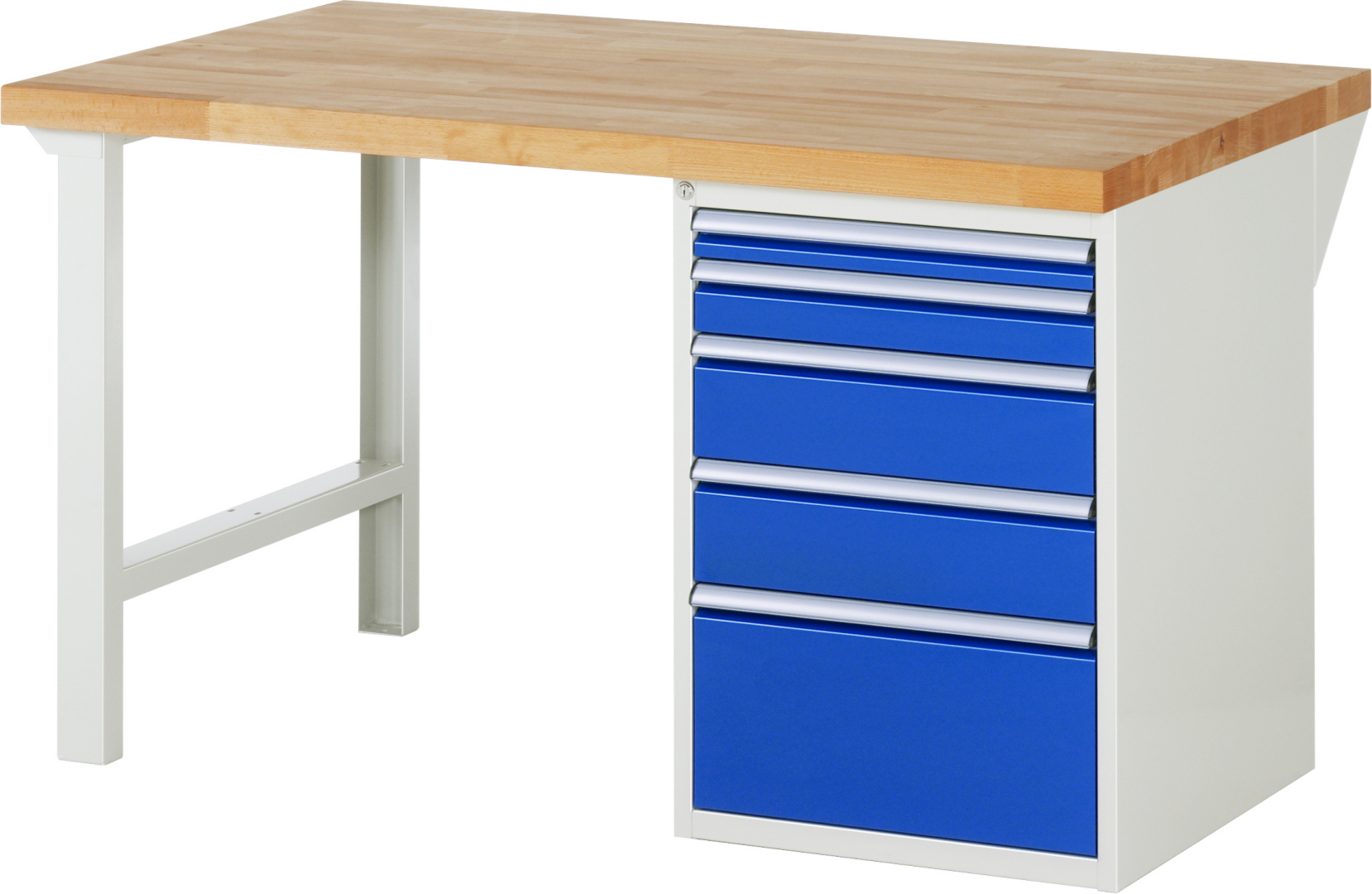 Werkbank Modell 7511,  BxTxH 1500x900x840 mm,  Buche-Massiv Arbeitsplatte 40 mm,  5 Schubladen mit  Vollauszug 100 % und  SoftClosing