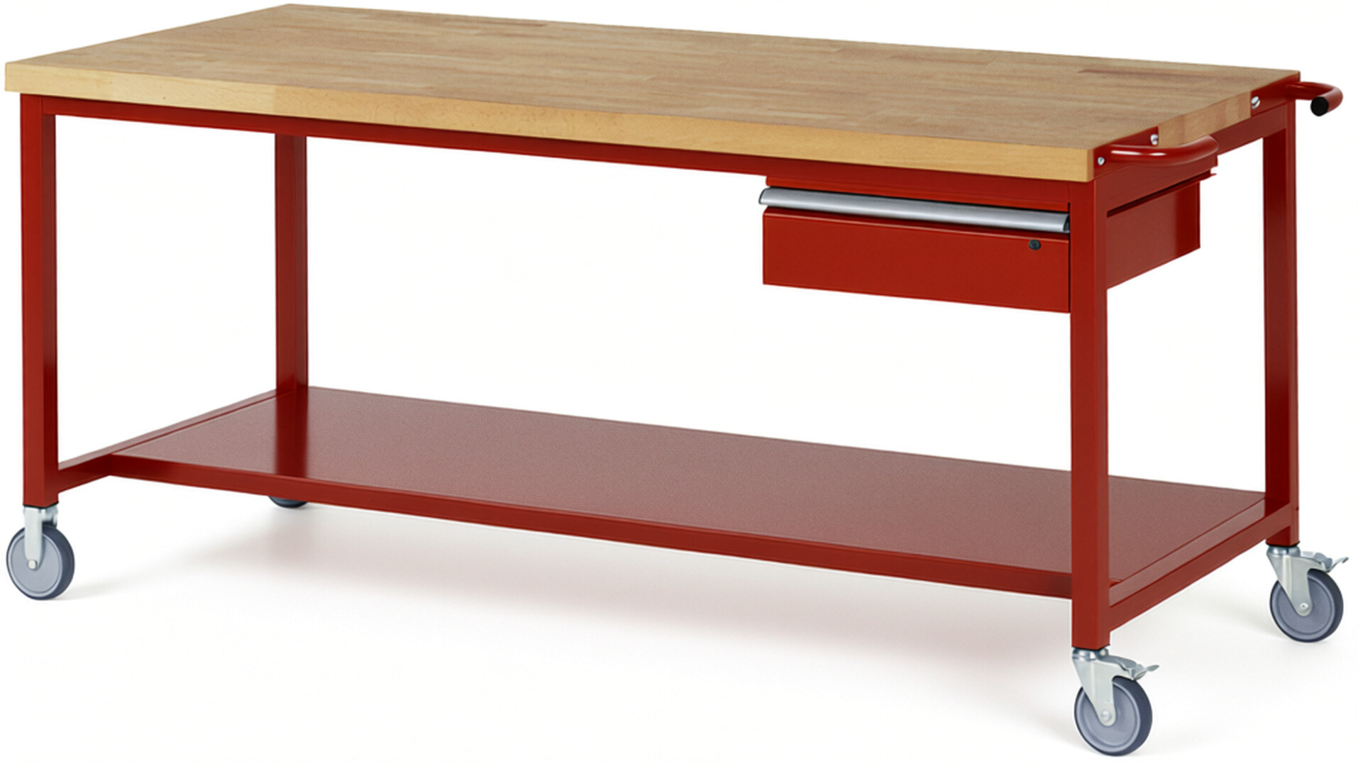 Fahrbare Werkbank Modell 8001 rot, BxTxH 2000x900x880-1080 mm,  Buche-Massiv Arbeitsplatte 40 mm,  1 Schublade mit  Auszug 90 %