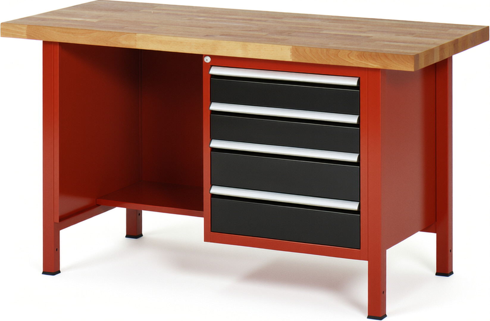 Werkbank Modell 8453 rot - schwarz, BxTxH 1500x700x840 mm,  Buche-Massiv Arbeitsplatte 40 mm,  4 Schubladen mit  Vollauszug 100 % und  SoftClosing