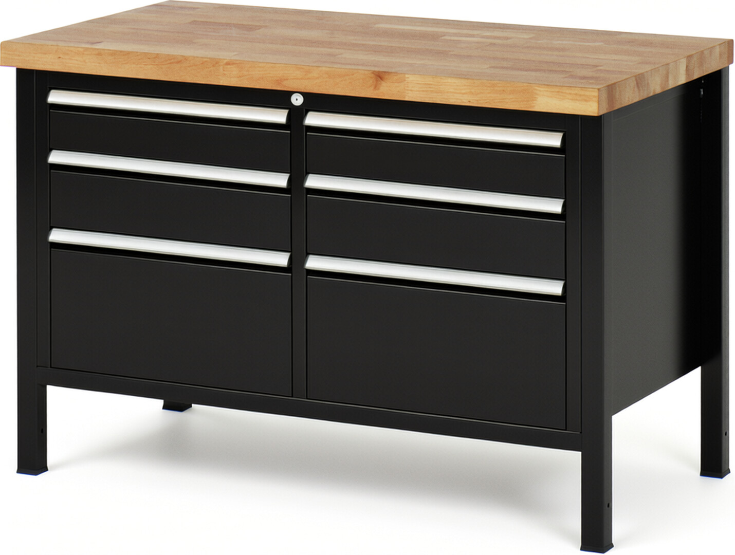 Werkbank Modell 8475 schwarz, BxTxH 1250x700x840-1040 mm,  Buche-Massiv Arbeitsplatte 40 mm,  6 Schubladen mit  Auszug 90 %