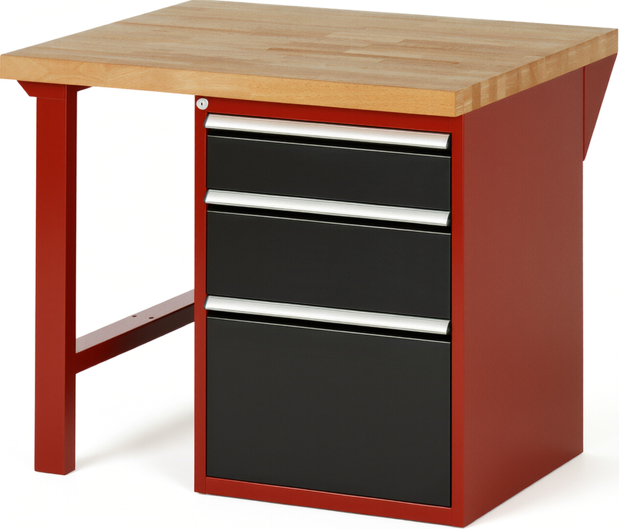 Werkbank Modell 7508 rot - schwarz, BxTxH 1000x900x840 mm,  Buche-Massiv Arbeitsplatte 40 mm,  3 Schubladen mit  Auszug 90 %