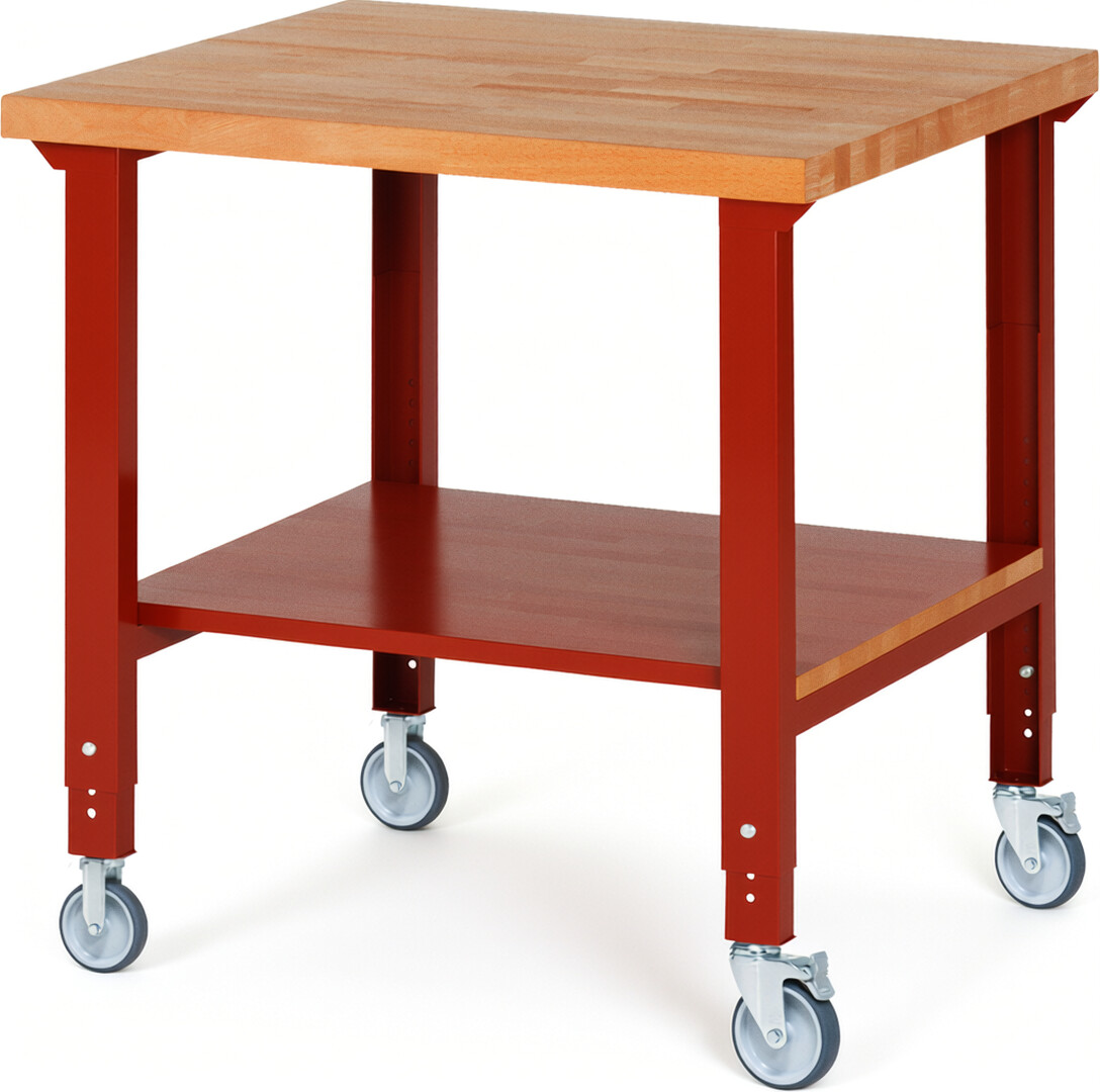 Fahrbare Werkbank Modell 7000 rot, BxTxH 1000x900x950-1000 mm,  Buche-Massiv Arbeitsplatte 40 mm