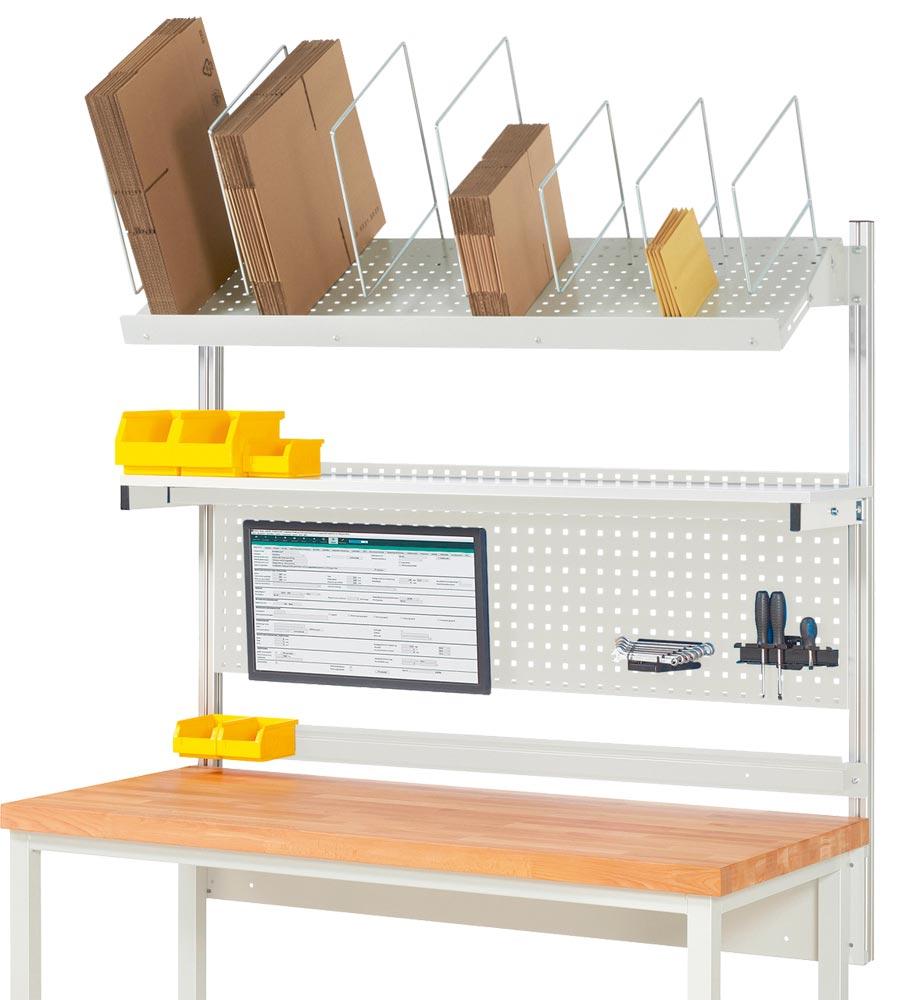 Aufbau für Werkbank B 1500 mm mit Etagenbord, Lochplatte H 450 mm, Montageadapter, Kartonagemagazin,Halteschiene, RAL 7035