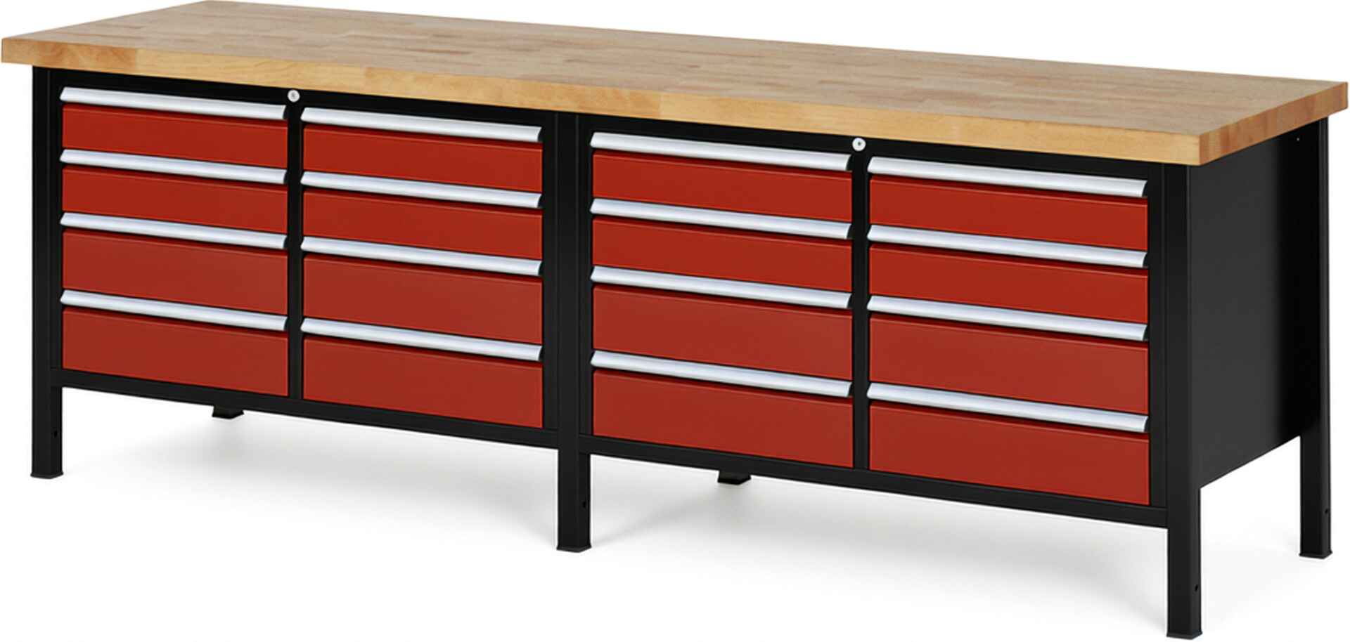 RAU Werkbank schwarz - rot - Breite 250 cm - Tiefe 70 cm - Höhe 104 cm - Buche-Massiv Arbeitsplatte 40 mm