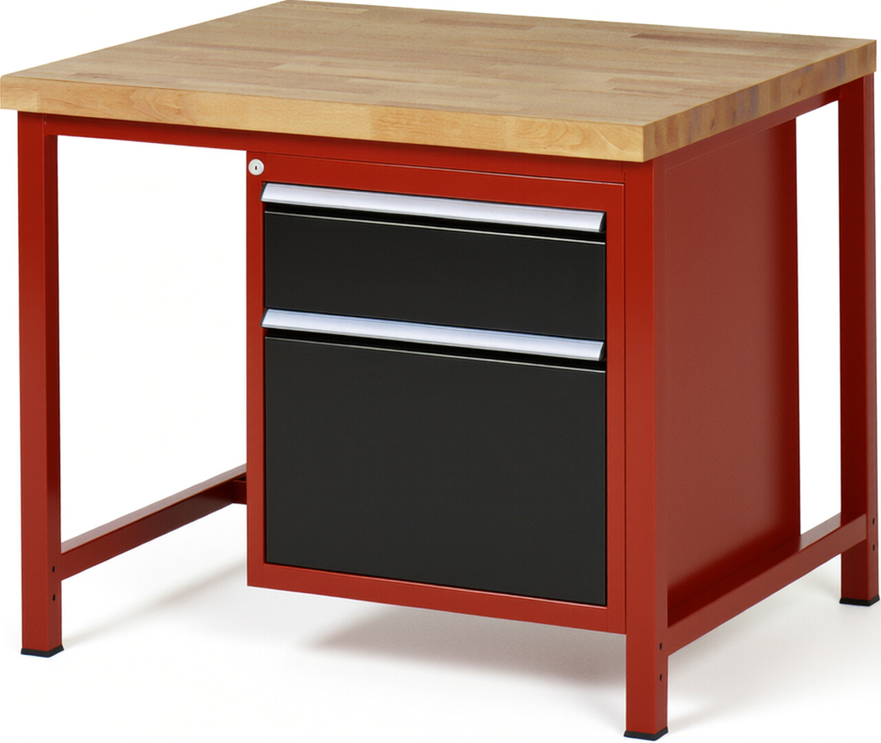 Werkbank Modell 8156 rot - schwarz, BxTxH 1000x900x840 mm,  Buche-Massiv Arbeitsplatte 40 mm,  2 Schubladen mit  Auszug 90 %