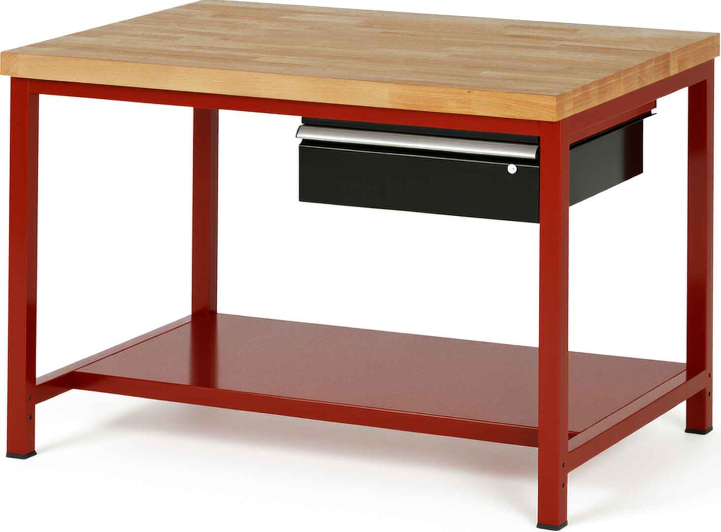 Werkbank Modell 8001 rot - schwarz, BxTxH 1250x900x840-1040 mm,  Buche-Massiv Arbeitsplatte 40 mm,  1 Schublade mit  Auszug 90 %