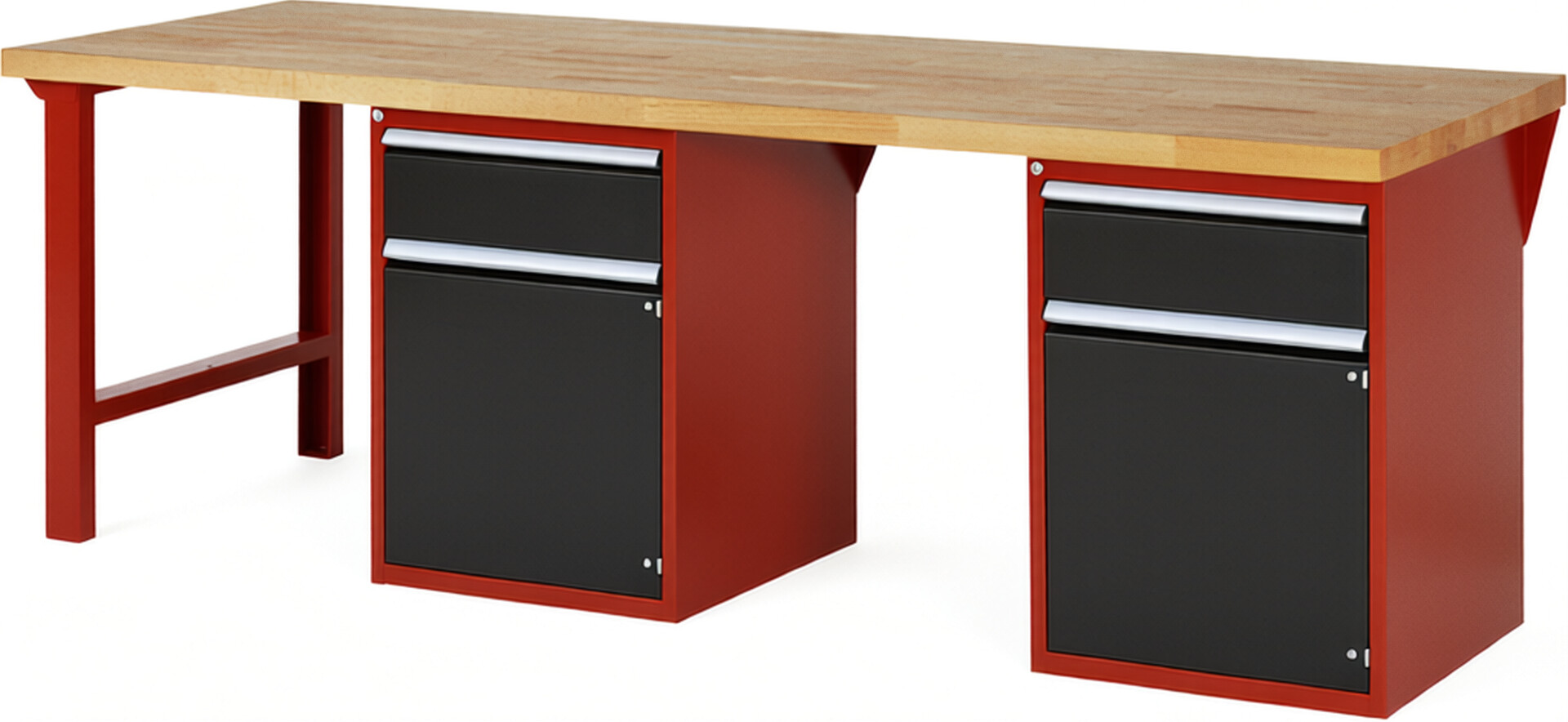 Werkbank Modell 7502 rot - schwarz, BxTxH 2500x900x890 mm,  Buche-Massiv Arbeitsplatte 40 mm,  2 Schubladen mit  Vollauszug 100 % und  SoftClosing