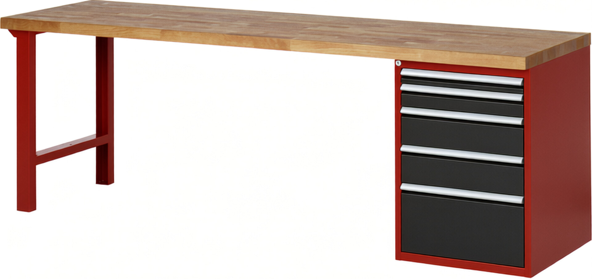 Werkbank Modell 7511 rot - schwarz, BxTxH 2500x700x840 mm,  Buche-Massiv Arbeitsplatte 40 mm,  5 Schubladen mit  Vollauszug 100 % und  SoftClosing