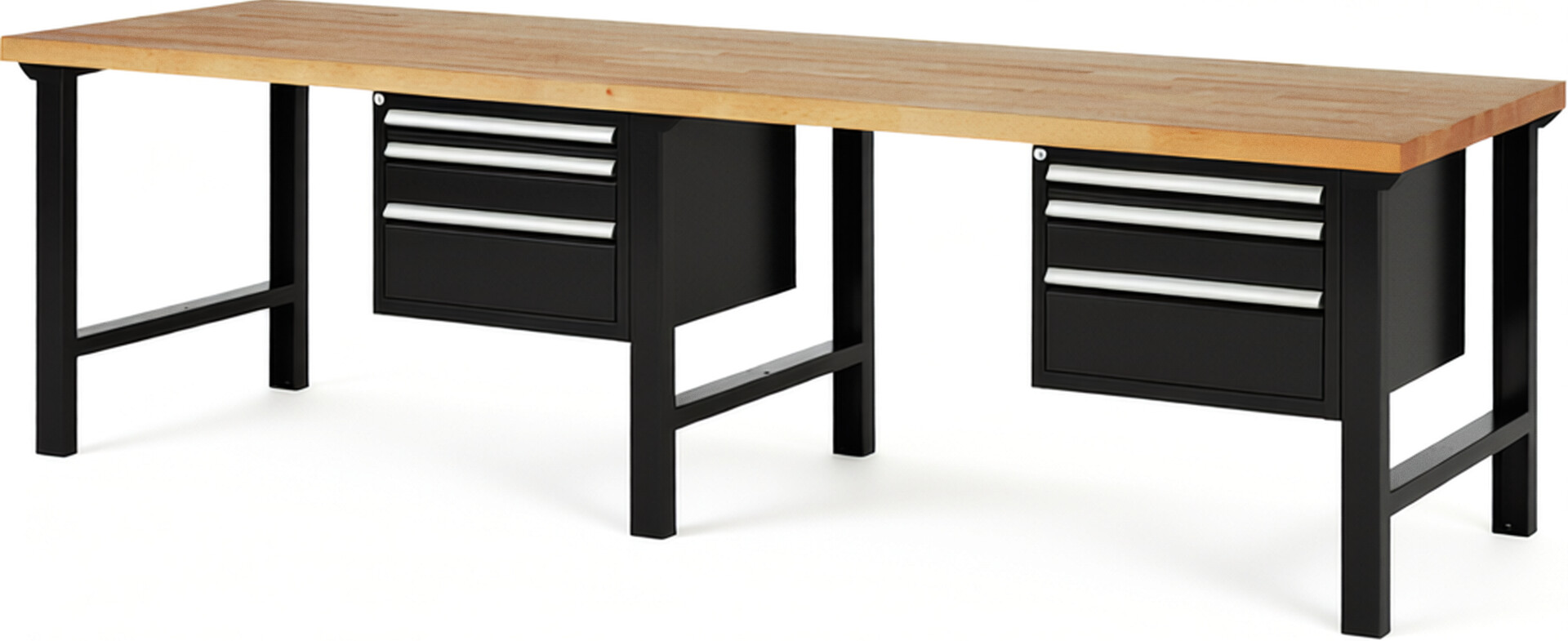 Werkbank Modell 7126 schwarz, BxTxH 3000x900x840 mm,  Buche-Massiv Arbeitsplatte 40 mm,  6 Schubladen mit  Vollauszug 100 % und  SoftClosing