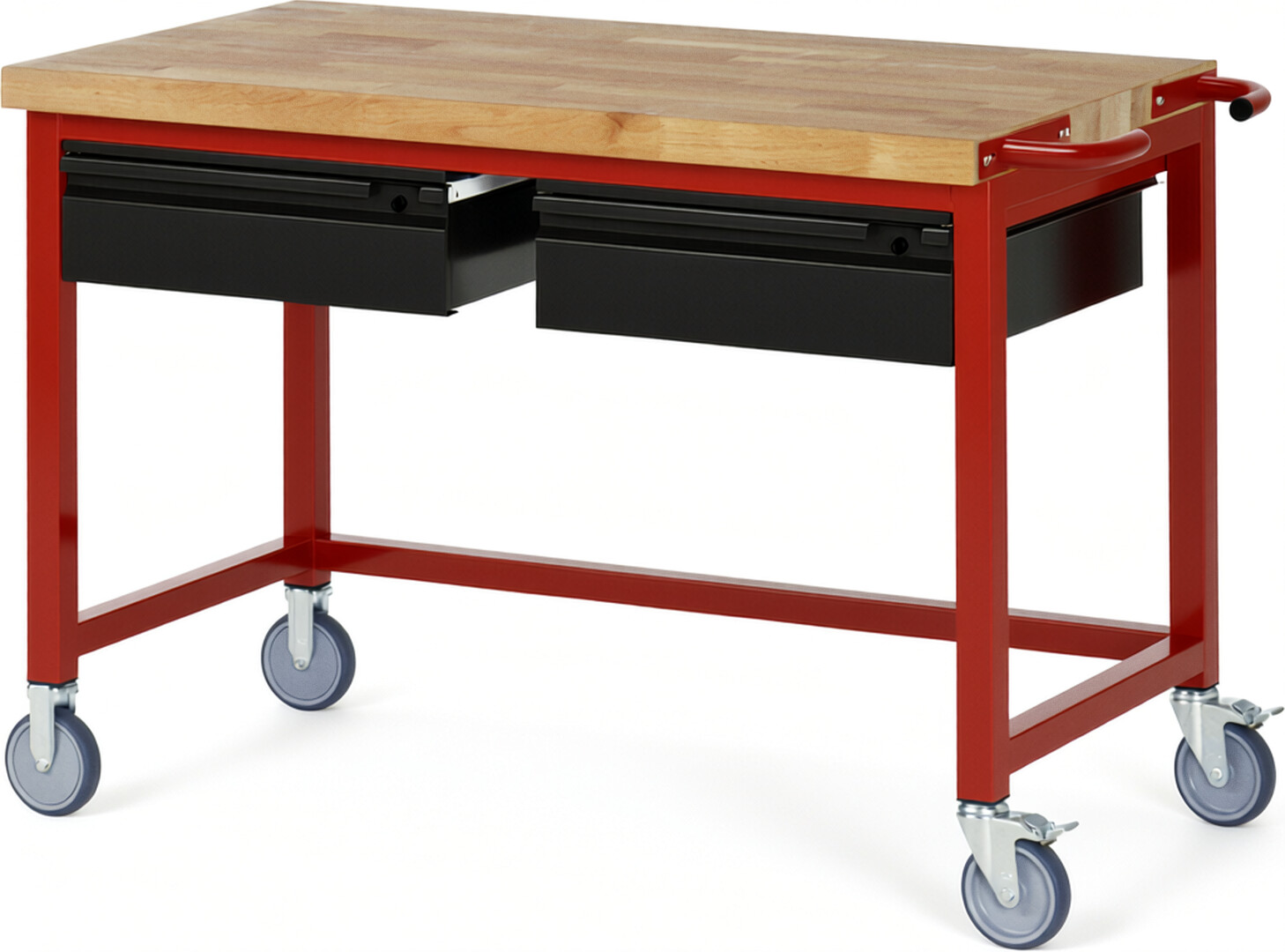 Fahrbare Werkbank - Modell 8002 BASIC rot - schwarz, BxTxH 1250x700x880 mm,  Buche-Massiv Arbeitsplatte 40 mm,  2 Schubladen mit  Auszug 90 %