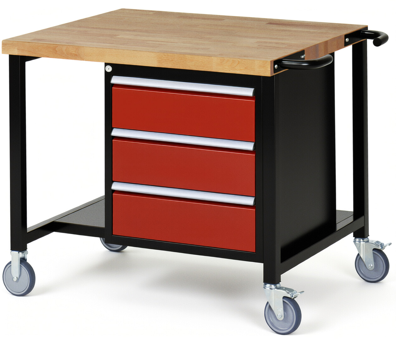 RAU Werkbank schwarz - rot - Breite 100 cm - Tiefe 90 cm - Höhe 108 cm - Buche-Massiv Arbeitsplatte 40 mm