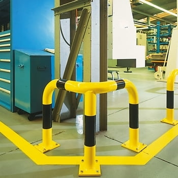 Eck Rammschutz-Bügel Indoor, Anfahrschutz aus Gütestahl, hochbelastbar, 600 mm Breite/Tiefe, Höhe 350 mm, gelb kunststoffbeschichtet