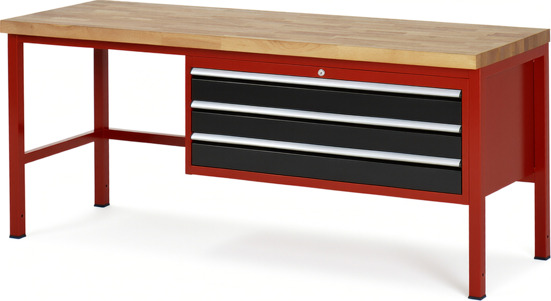 Werkbank Modell 8327 rot - schwarz, BxTxH 2000x700x840 mm,  Buche-Massiv Arbeitsplatte 40 mm,  3 Schubladen mit  Auszug 90 %