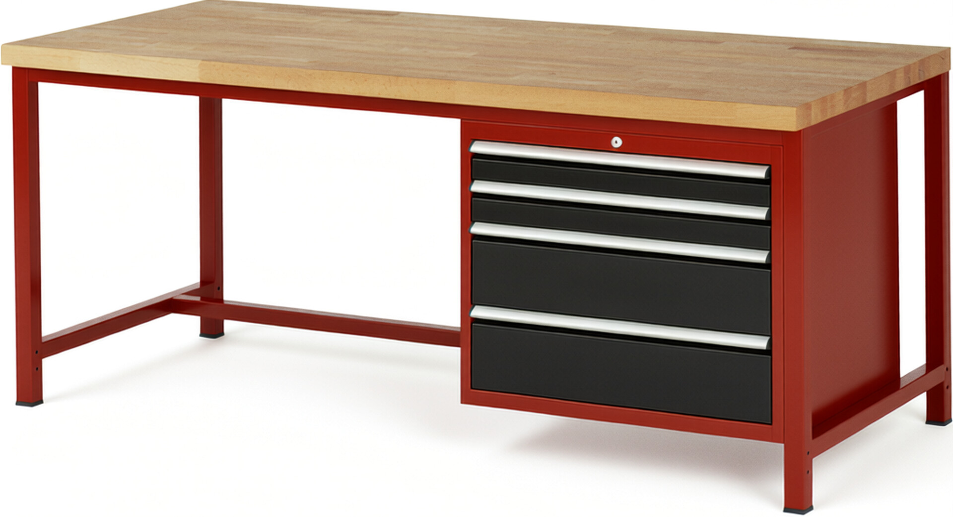 Werkbank Modell 8261 rot - schwarz, BxTxH 2000x900x840-1040 mm,  Buche-Massiv Arbeitsplatte 40 mm,  4 Schubladen mit  Vollauszug 100 % und  SoftClosing