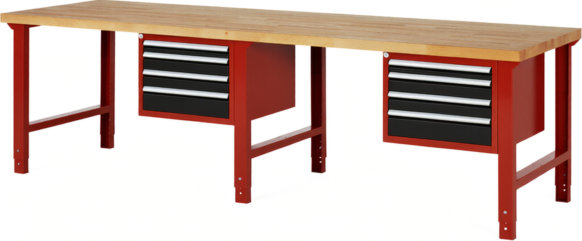 Werkbank Modell 7132 rot - schwarz, BxTxH 3000x900x790-1140 mm,  Buche-Massiv Arbeitsplatte 40 mm,  8 Schubladen mit  Vollauszug 100 % und  SoftClosing